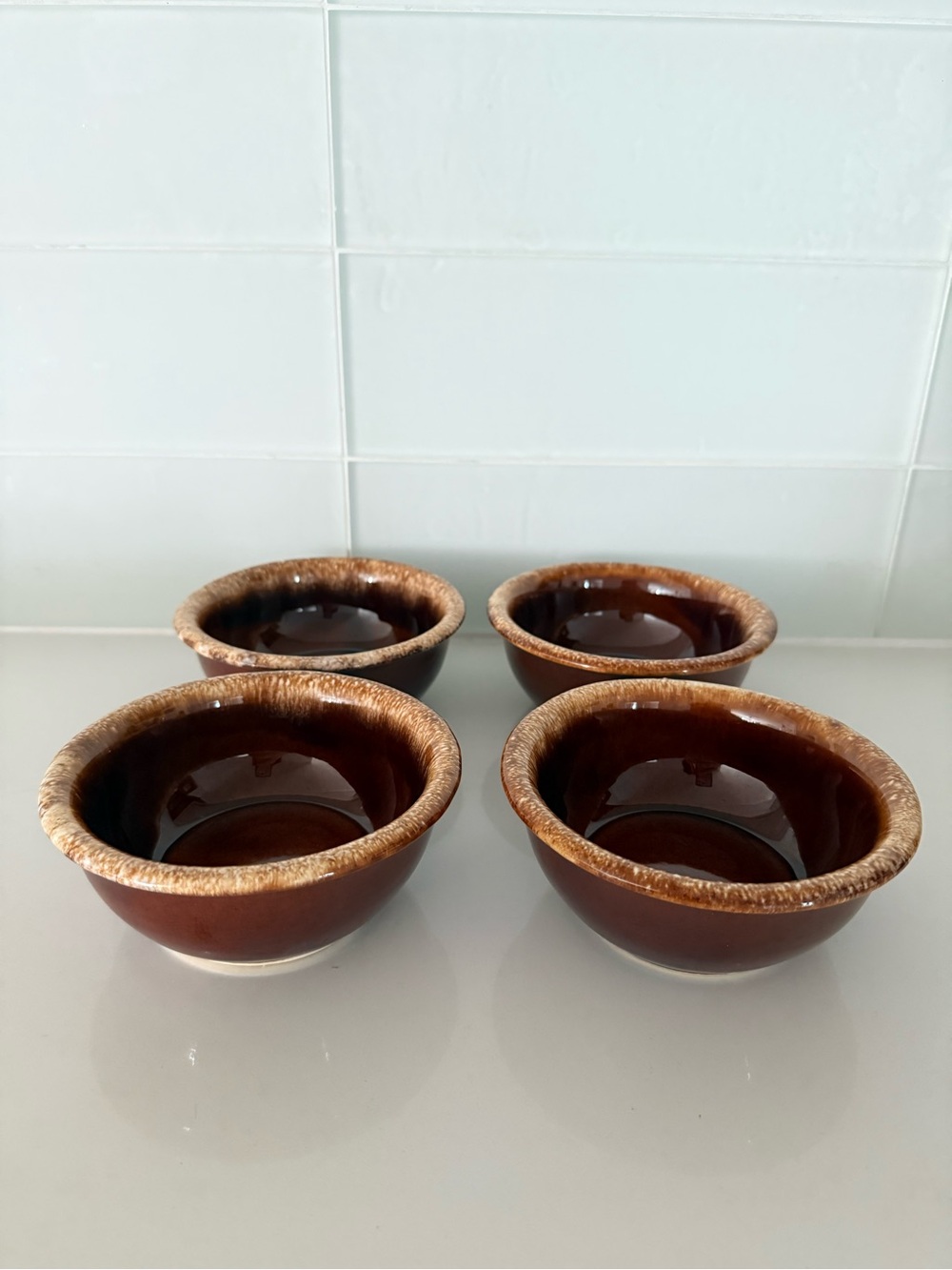 Hull Brown Drip dessert bowls set of 4, 5.25-inch glazed stone dinnerware